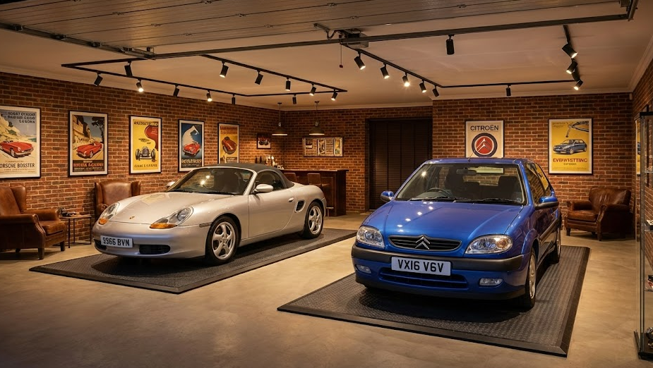 Garage collection luxe avec Porsche Boxster 986 grise et Citroën Saxo VTS bleue - investissement youngtimers 2026