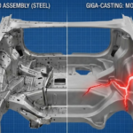 Comparaison technique châssis automobile : assemblage mécano-soudé vs Giga-Casting monobloc avec fissure irréparable
