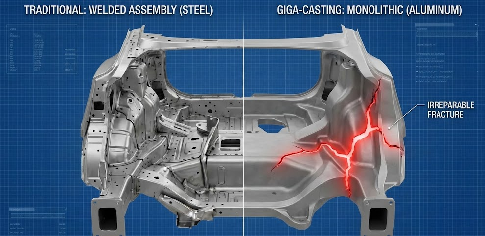 Comparaison technique châssis automobile : assemblage mécano-soudé vs Giga-Casting monobloc avec fissure irréparable