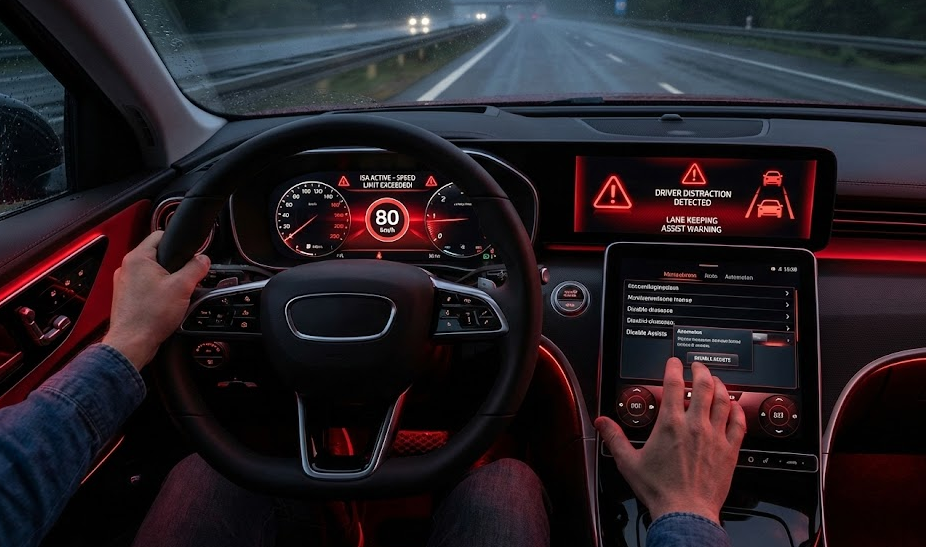 Tableau de bord voiture moderne avec alertes rouges ISA et conducteur désactivant les aides sur écran tactile