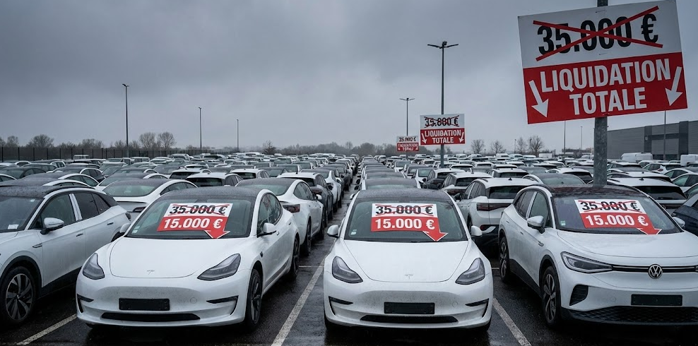 Parc automobile occasion voitures électriques invendues avec panneaux soldes et prix barrés - krach cote 2026