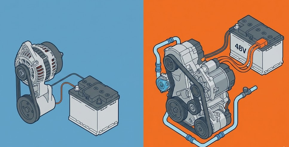 Schéma technique comparatif : Alternateur 12V simple (gauche) contre système micro-hybride 48V MHEV complexe avec batterie (droite)