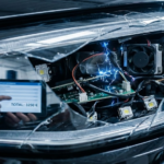 Phare voiture Matrix LED cassé avec circuits électroniques apparents facture élevée