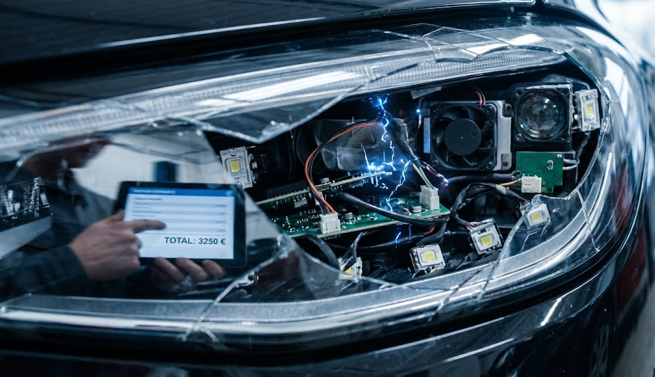 Phare voiture Matrix LED cassé avec circuits électroniques apparents facture élevée