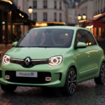 Nouvelle Renault Twingo E-Tech Legend 2026 vert amande dans une rue de Paris - citadine électrique néo-rétro