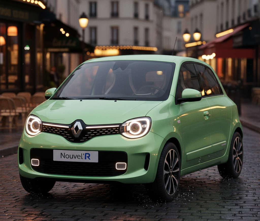 Nouvelle Renault Twingo E-Tech Legend 2026 vert amande dans une rue de Paris - citadine électrique néo-rétro