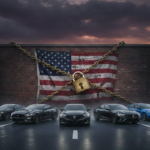 Texte alternatif : Sélection de 5 voitures de sport américaines bloquées par un mur et un drapeau USA enchaîné - Dossier Malus Écologique Europe