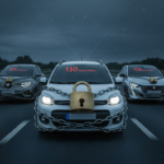 Trois voitures électriques bridées par des chaînes et un cadenas - Limitation vitesse Renault 5 Fiat Peugeot