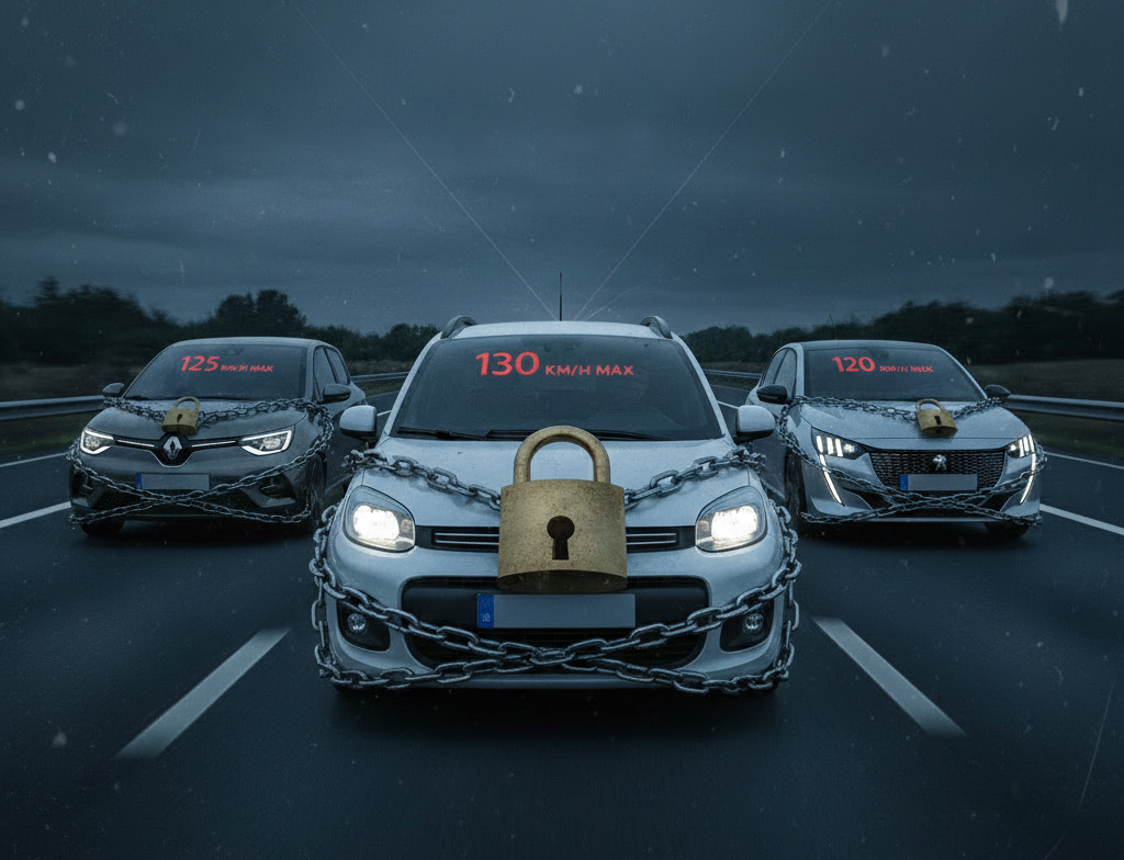 Trois voitures électriques bridées par des chaînes et un cadenas - Limitation vitesse Renault 5 Fiat Peugeot