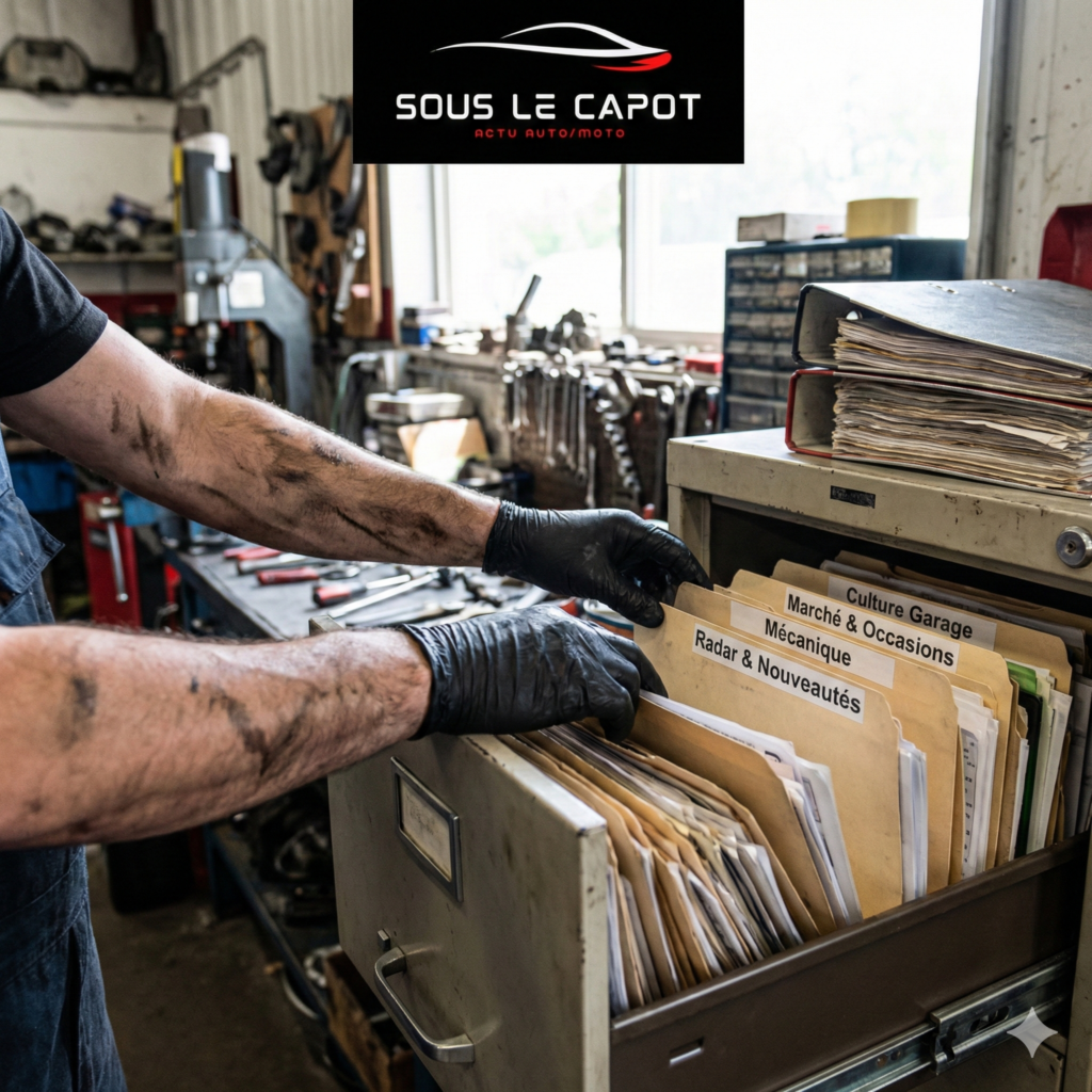 Mécanicien consultant des archives techniques et documentation papier dans un atelier