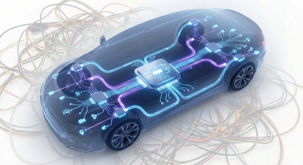 Schéma technique montrant l'architecture logicielle centralisée (SDV) d'une voiture moderne, remplaçant les multiples calculateurs par un cerveau central.