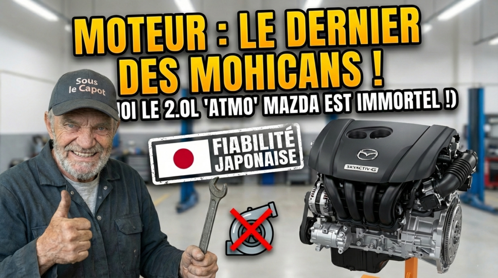 Moteur Mazda Skyactiv 2.0L essence fiable regardé par un mécanicien admiratif