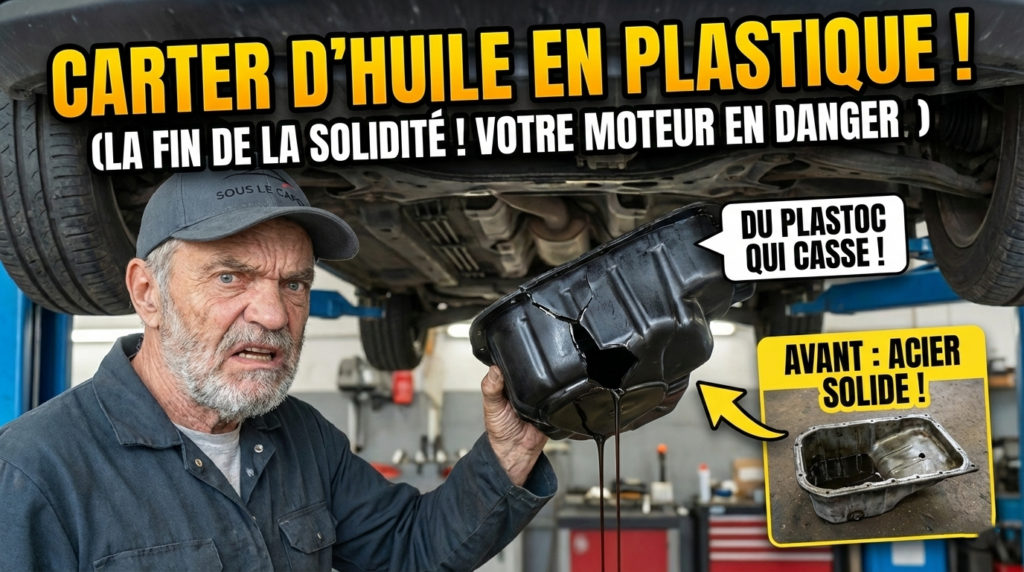 Mécanicien montrant un carter d'huile en plastique fissuré et bouchon fragile