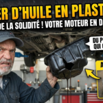 Mécanicien montrant un carter d'huile en plastique fissuré et bouchon fragile