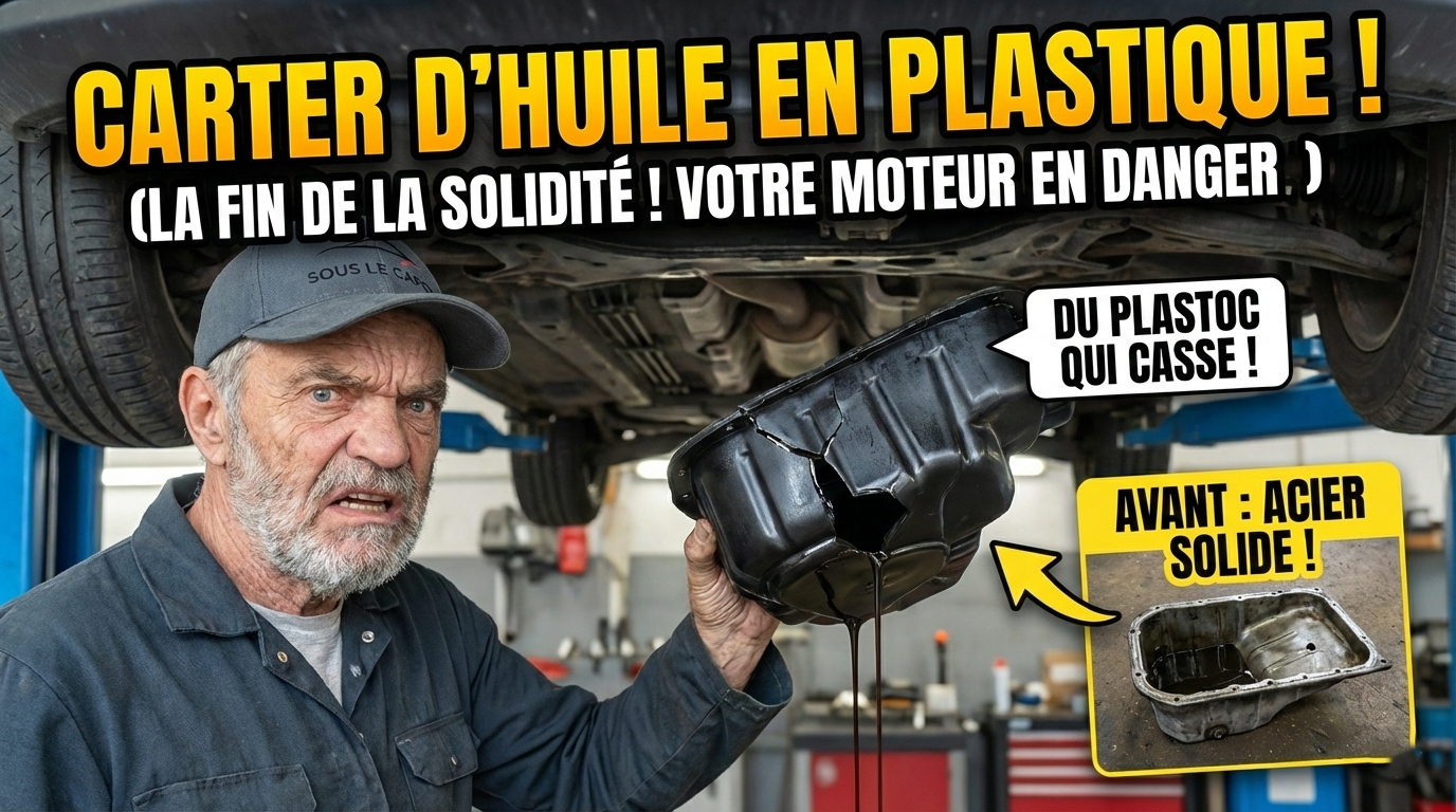 Mécanicien montrant un carter d'huile en plastique fissuré et bouchon fragile